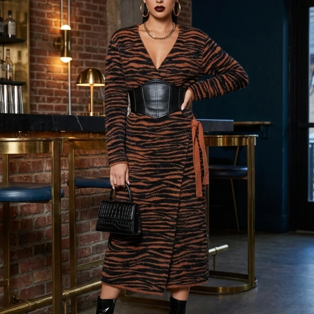 J.O.A Elegant Brown and Black Wrap Dress Sz M - Picture 3 of 3